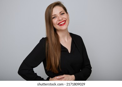 Smiling Business Woman In Black Holding Hands On Hip, Isolated Female Office Worker Portrait.