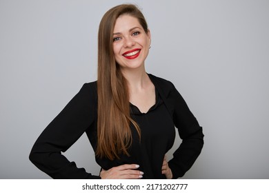 Smiling Business Woman In Black Shirt Holding Hands On Hip, Isolated Female Portrait.