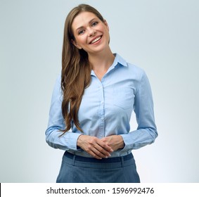 Smiling Business Woman In Blue Shirt. Isolated Female Portrait.