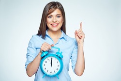 Smiling Business Woman Holding Alarm Watch. Isolated Portrait.
