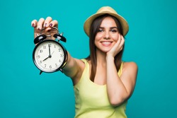 Smiling Business Woman Holding Alarm Watch. Isolated Portrait.