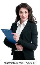 Smiling Business Woman Holding Document On Clipboard Isolated On White Background