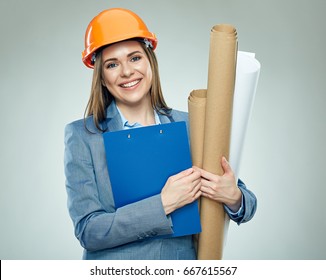 Smiling Business Woman Holding Technical Drawing Stock Photo 667615567 ...