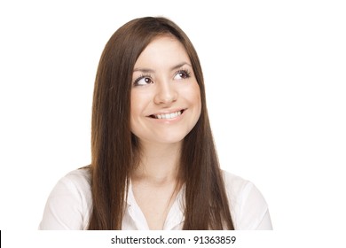 Smiling Business Woman , Isolated Over White Background , Looking At Right Corner