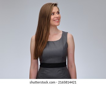 Smiling Business Woman Looking Away, Isolated Portrait Of Young Business Woman With Long Hair.