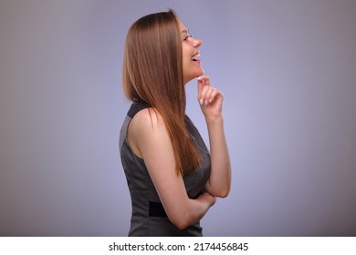 Smiling Business Woman Profile View, Teacher Or Adult Student With Long Hair Isolated Female Portrait.