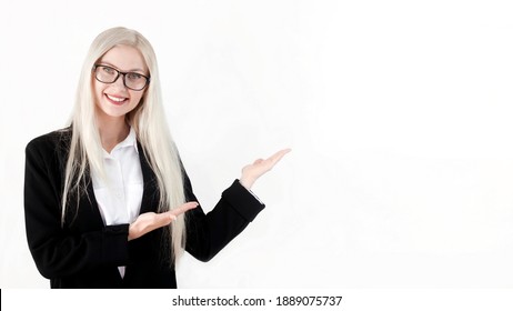  Smiling Business Woman Showing Copy Space For Product Or Advertising Text . Isolated On White Background .Presenting Your Product. Expressive Facial Expressions Emotions Businesswoman