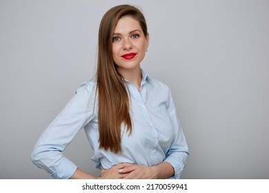 Smiling Business Woman Standing With Hands On Hip. Isolated Female Businessman Portrait.