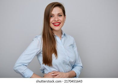 Smiling Business Woman Standing With Hands On Hip. Isolated Happy Female Businessman Portrait.