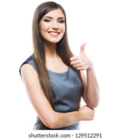 Smiling business woman thumb up show. isolated white background .
