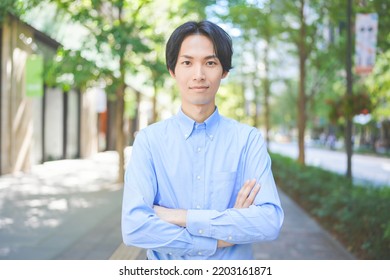 Smiling Businessman Folding His Arms In A Fresh Green Office District