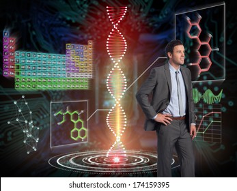 Smiling businessman with hand on hip against shiny key on black circuit board background