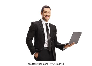 Smiling Businessman Holding A Laptop Isolated On White Background