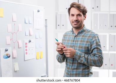 Smiling businessman near whiteboard ready for project presentation. Shelves with folders at background. Concept of corporate work
