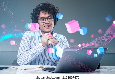 Smiling businessman on a video conference, digital hologram of information fields, virtual reality. Concept of online communication and metaverse