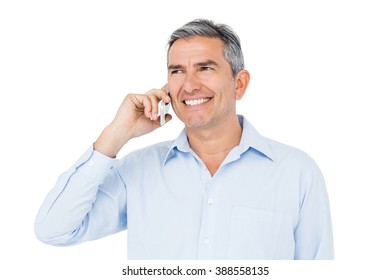 Smiling businessman phone calling on white background