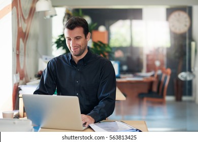 Smiling businessman working on a laptop at an office desk