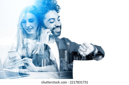 Smiling Businesswoman And Arab Businessman Working Together, Talking And Texting On The Phone, Checking The Time On Watch. Concept Of Online Meeting. Copy Space