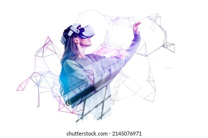 Smiling businesswoman in casual wear is wearing vr helmet. Geometrical figures and line connection in the foreground. White background. Concept of virtual reality and successful business - Powered by Shutterstock