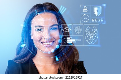 Smiling businesswoman in formal wear watching at digital interface with facial recognition by digital interface with line connection hologram. Concept of modern technology of artificial intelligence