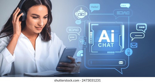 Smiling businesswoman in headphones working with phone, AI chat bot. Glowing hologram with messages and e-mail icons. Concept of online virtual assistant and machine learning - Powered by Shutterstock