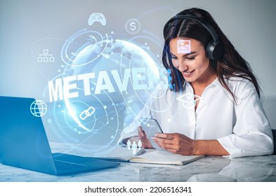Smiling businesswoman in headphones, working with smartphone. Metaverse glowing hud sphere hologram, connection lines and global network. Concept of digital world