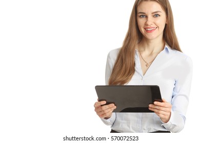 Smiling Businesswoman Holding Tablet In Hands. Isolated On White.