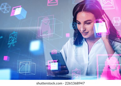 Smiling businesswoman with phone and headphones, NFT digital gallery hologram with artworks and rare items. Concept of cryptoart and marketplace