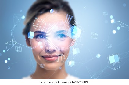 Smiling businesswoman portrait, digital hologram of information fields, binary and virtual reality. Concept of blockchain and metaverse