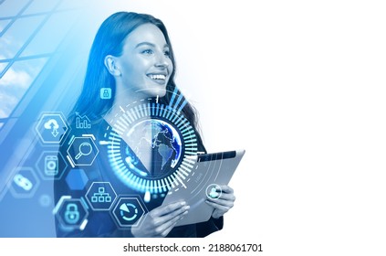Smiling businesswoman portrait with tablet in hands, earth globe and digital connection hologram, data icons. Metaverse and social marketing. Concept of global internet. Copy space