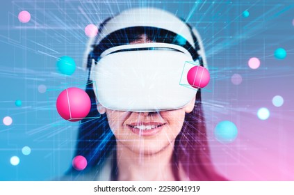 Smiling businesswoman portrait in vr glasses, working in metaverse with data spheres and blocks, abstract neon matrix lines. Concept of futuristic technology