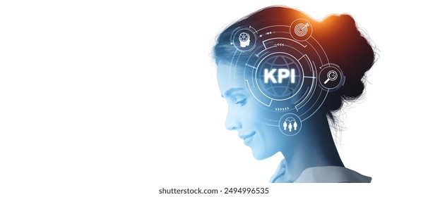 Smiling businesswoman silhouette, KPI hologram with icons on empty white background. Key performance indicator and business analysis. Concept of work process and development - Powered by Shutterstock