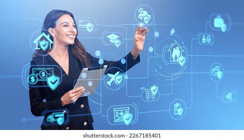 Smiling businesswoman with tablet, finger touch virtual screen hud hologram with insurance icons. Concept of car insurance coverage and life protection - Powered by Shutterstock