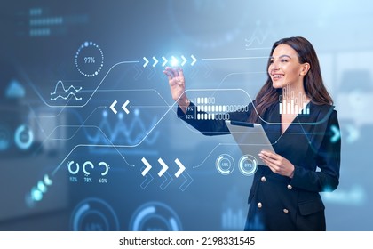 Smiling Businesswoman With Tablet, Finger Touching Virtual Screen With Digital Analysis Data, Business Graphs Hud, Arrows With Numbers. Concept Of Financial Success