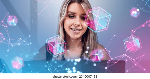 Smiling businesswoman using laptop, floating data blocks with glowing abstract lines, information fields and immersive vr. Concept of virtual reality, blockchain and metaverse
