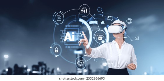 Smiling businesswoman in vr headset, finger touching virtual screen with AI hologram, diverse business icons. Concept of artificial intelligence, metaverse and big data engineering - Powered by Shutterstock