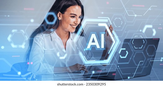 Smiling businesswoman waving hand to computer display, AI hologram hud with digital connection lines. Concept of robot communication, futuristic technology and innovation - Powered by Shutterstock - Get 15% off with code: PIKWIZARD15