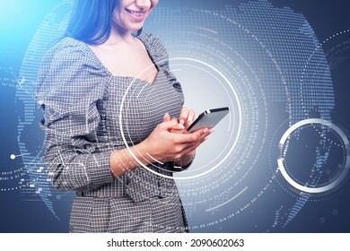 Smiling Businesswoman Wearing Formal Dress Is Typing Message On Smartphone. Digital Interface With Virtual Globe And Binary Code In The Background. Concept Of International Communication