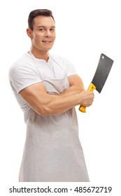 Smiling Butcher Posing With A Cleaver Isolated On White Background