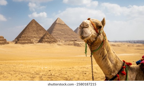 Smiling camel face looking at the camera with Giza Pyramid Complex in the background, Egypt. 