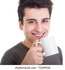 Smiling Casual Man Holding Coffee/tea Mug (isolated On White Background)