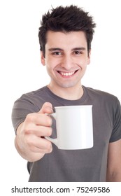 Smiling Casual Man Holding Coffee/tea Mug (isolated On White Background)