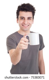 Smiling Casual Man Holding Coffee/tea Mug (isolated On White Background)