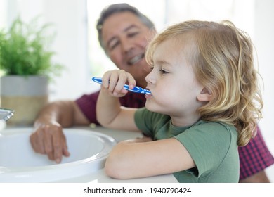 Smiling caucasian grandfather in bathroom kneeling beside grandson brushing teeth. staying at home in isolation during quarantine lockdown. - Powered by Shutterstock