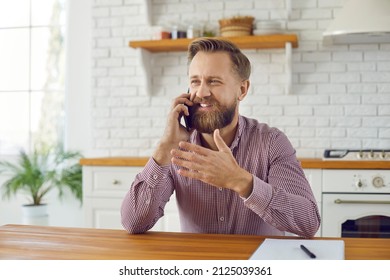 Smiling Caucasian Man Talk Speak On Cellphone Device With Client Or Customer. Happy Middle-aged Male Have Pleasant Smartphone Call. Good Quality Mobile Provider Network Service. Communication.