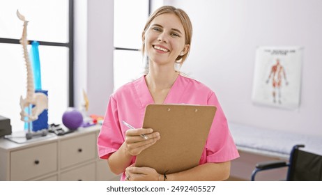 A smiling caucasian woman with blonde hair and blue eyes dressed in pink medical scrubs holds a clipboard in a clinic interior. - Powered by Shutterstock