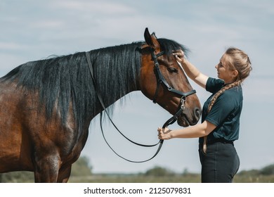 Smiling Caucasian woman touching horse forehead with hand in outdoors.