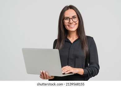 Smiling caucasian young businesswoman bank employee worker manager boss ceo looking at camera, using laptop for distant education work, e-learning, watching webinars online isolated in white - Powered by Shutterstock
