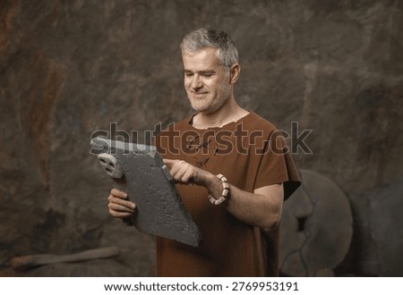 Smiling caveman using a primitive stone tablet or smartphone in a cave. Humorous prehistoric portrait showing ancient technology, social media irony, and digital life in the stone age.