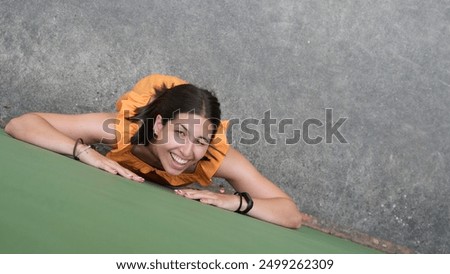 Image, Stock Photo Woman stretching on yoga mat in a yoga studio